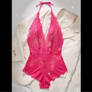 Hot Pink, Sheer, Floral Lace, Lingerie Bodysuit